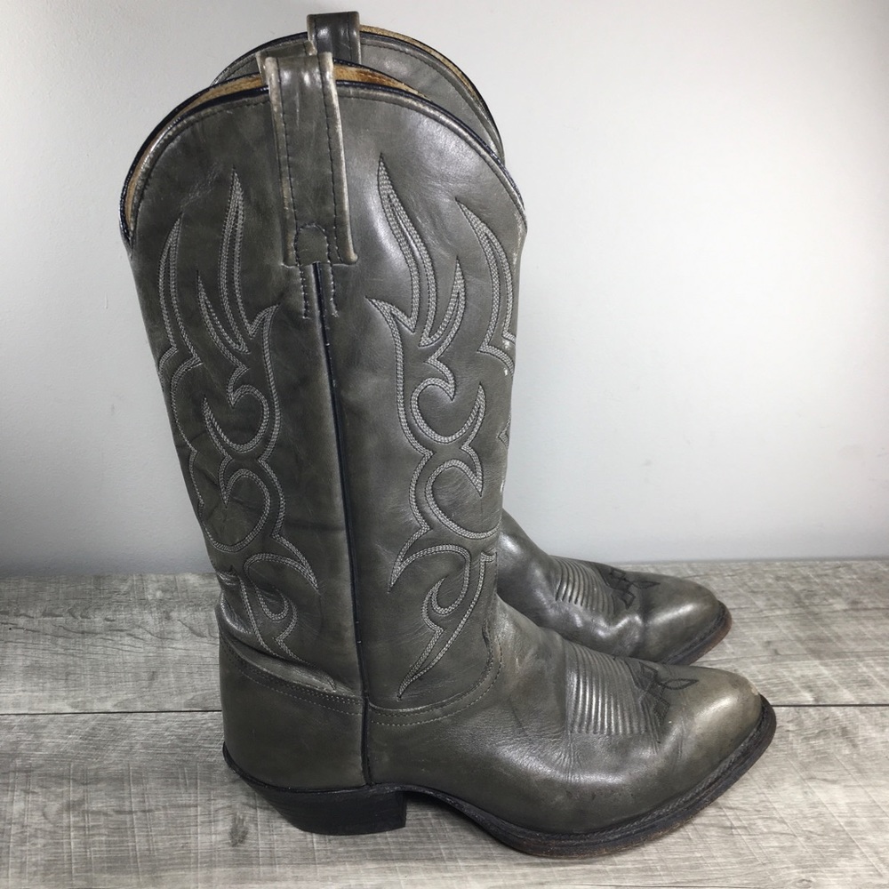 Vtg Mens J Chisholm Gray Distressed Leather Cowboy Western Pull On Boots Size 9